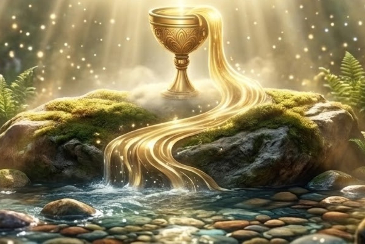 Golden chalice overflowing onto mossy stones