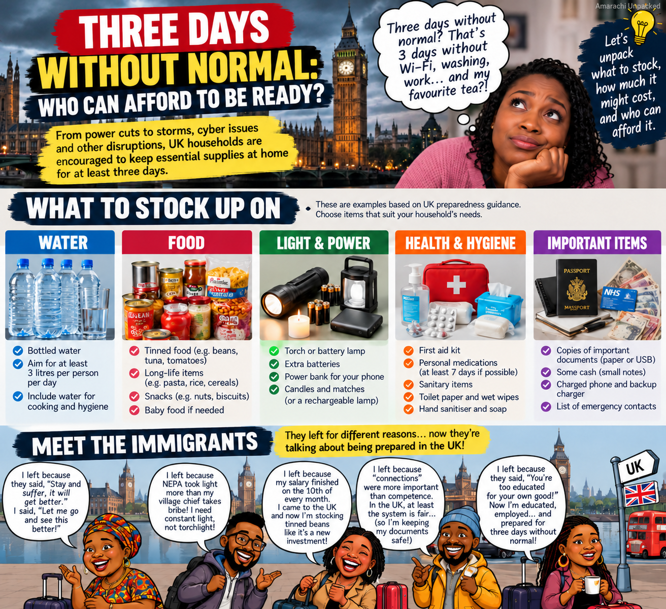 Illustrated guide to three-day emergency supplies and immigrant experiences in the UK